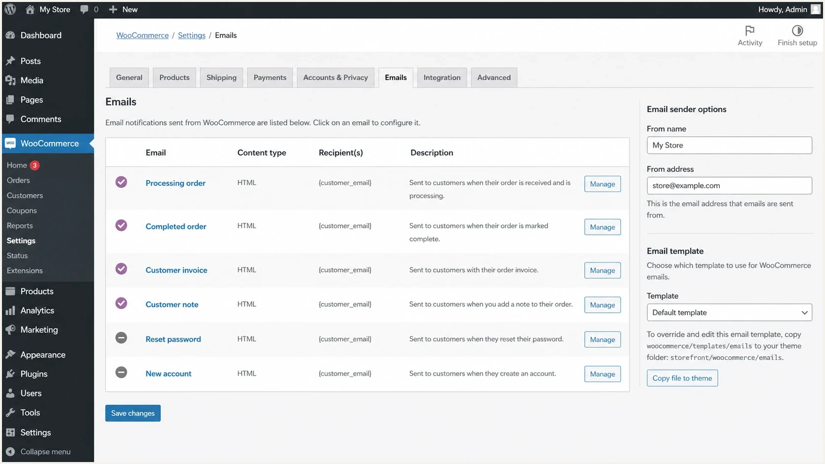 WooCommerce email settings in the WordPress admin dashboard.