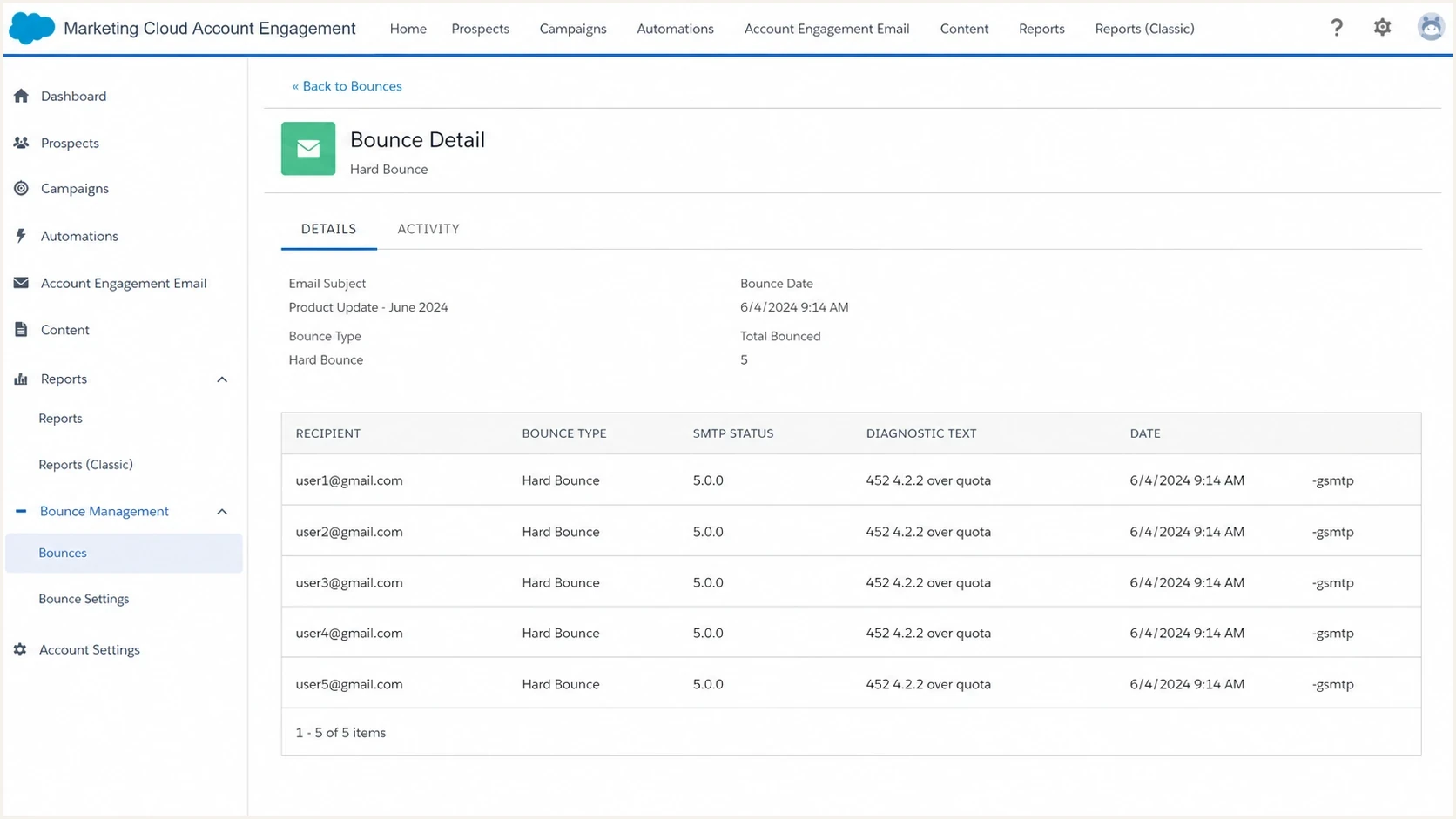 Salesforce Marketing Cloud Account Engagement bounce detail screen showing SMTP status and diagnostic fields.