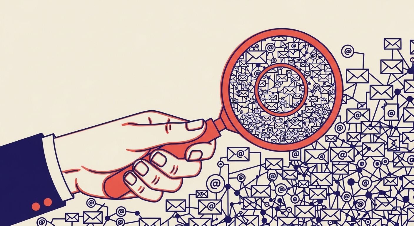An illustration showing a hand with a magnifying glass examining email data.