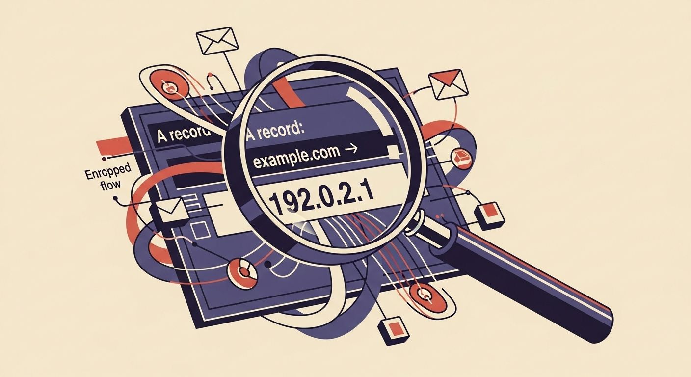 Magnifying glass examining a DKIM DNS record for accuracy.