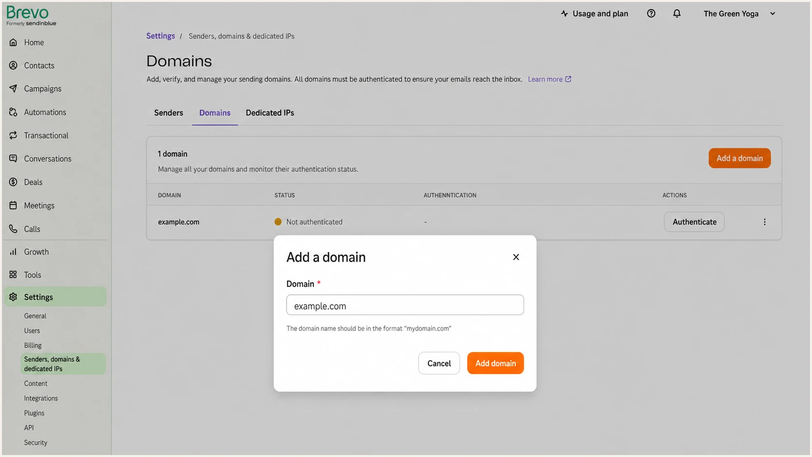 Brevo Domains page with the Add a domain dialog
