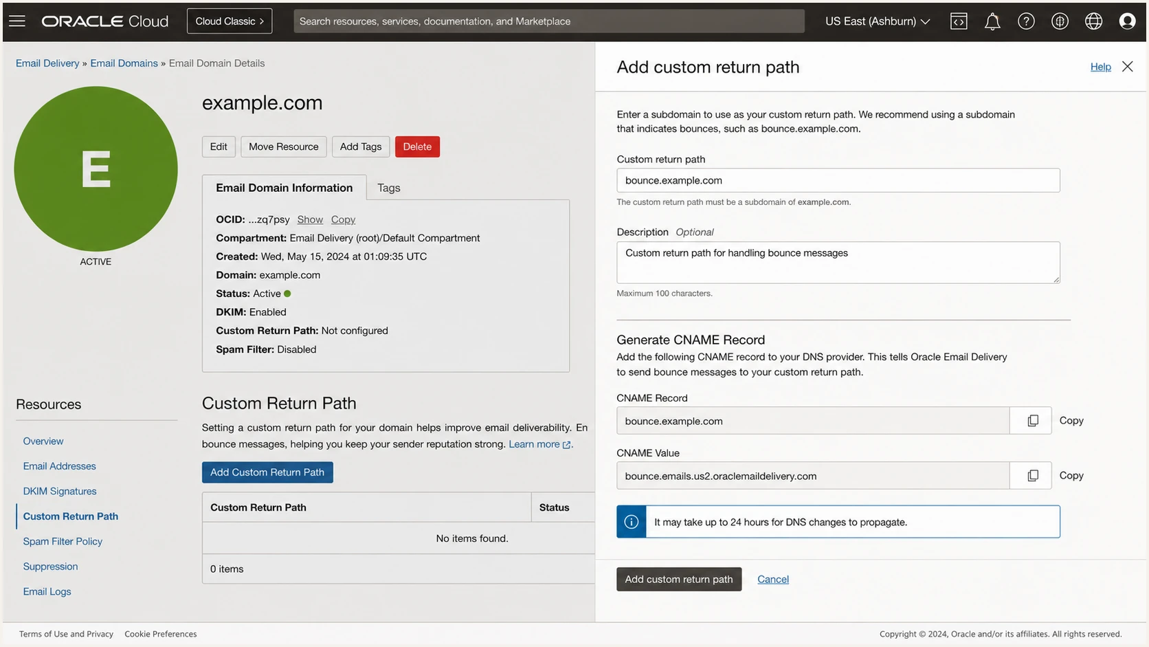 Generating a custom return-path CNAME in Oracle Email Delivery