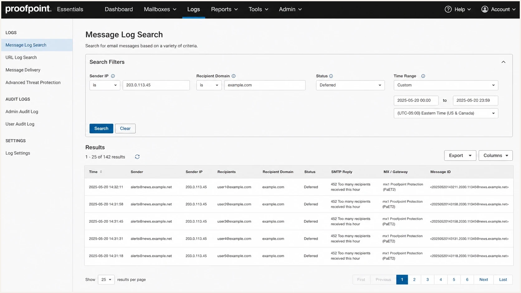 Proofpoint Essentials message log showing deferred messages with a 452 recipient throttle.