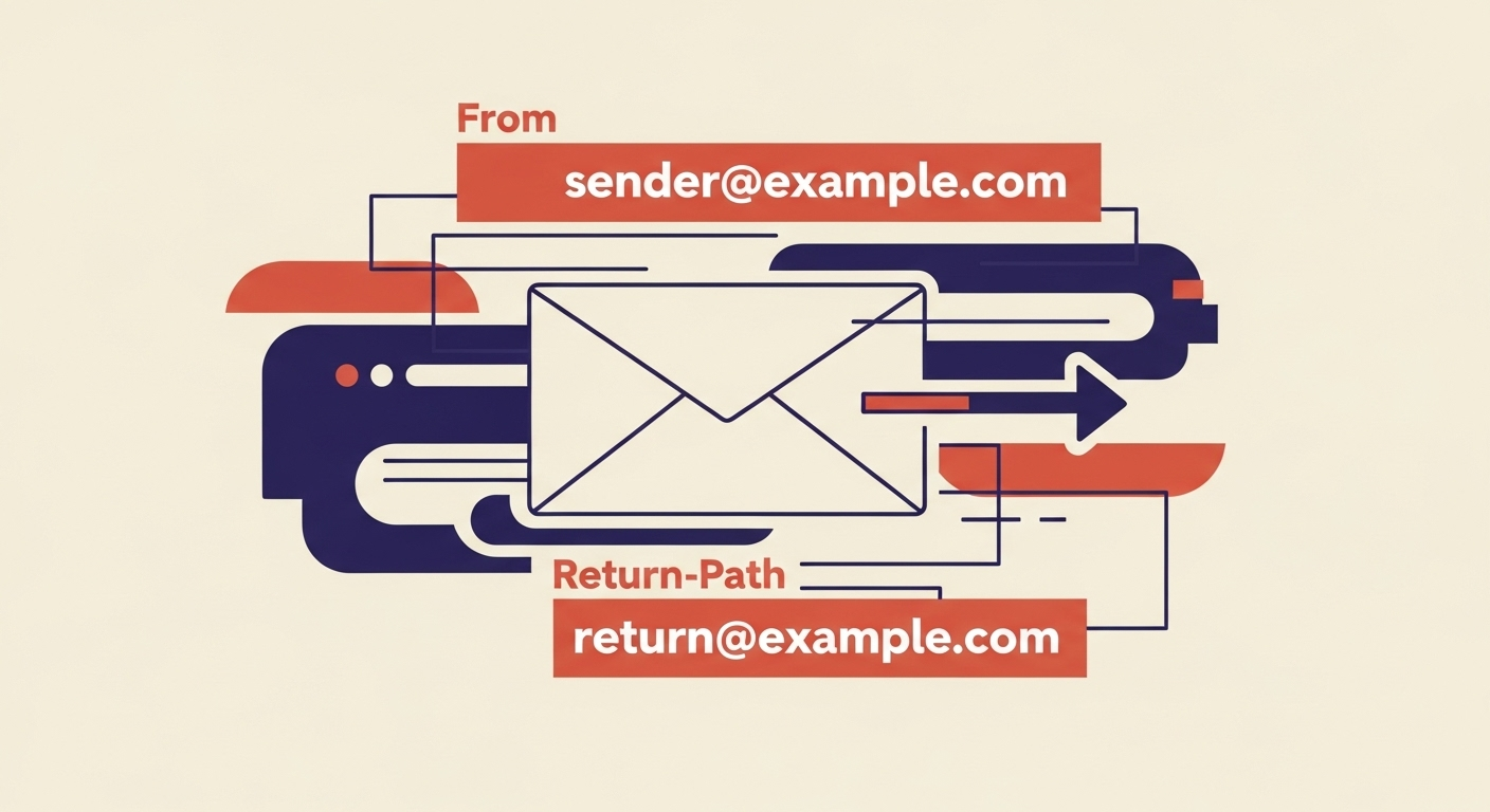 An illustration showing an email with a 'From' header and a separate 'Return-Path' header being processed by a mail server.