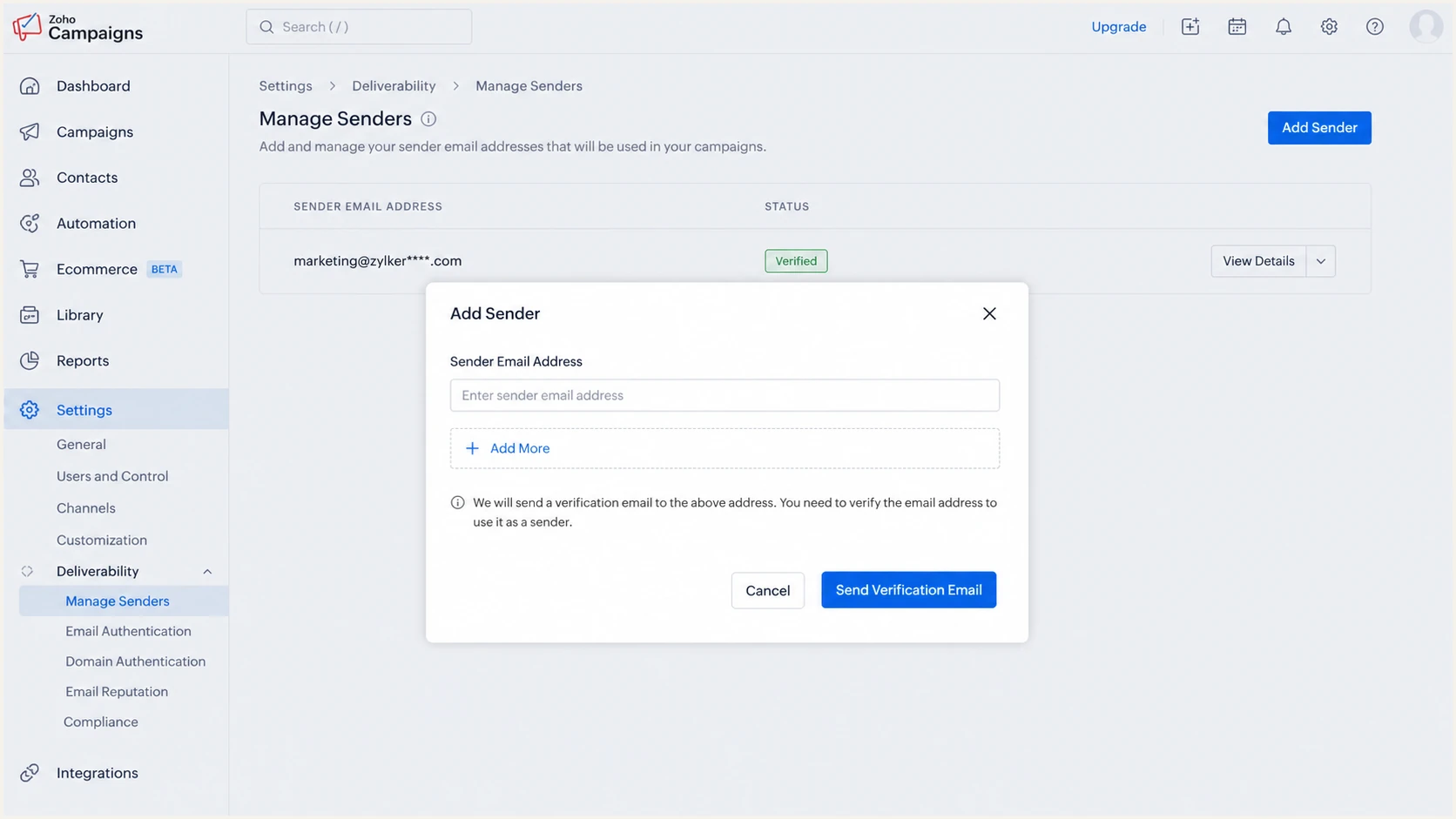 Adding and verifying a sender in Zoho Campaigns