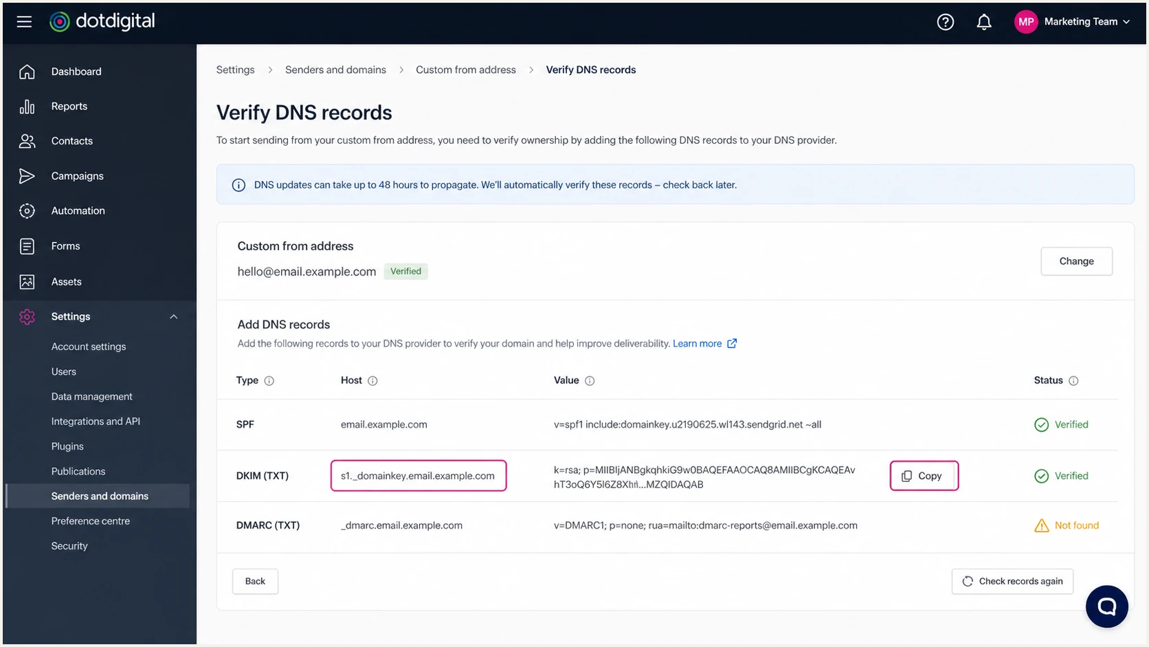 Dotdigital verification page showing the DKIM selector and public key