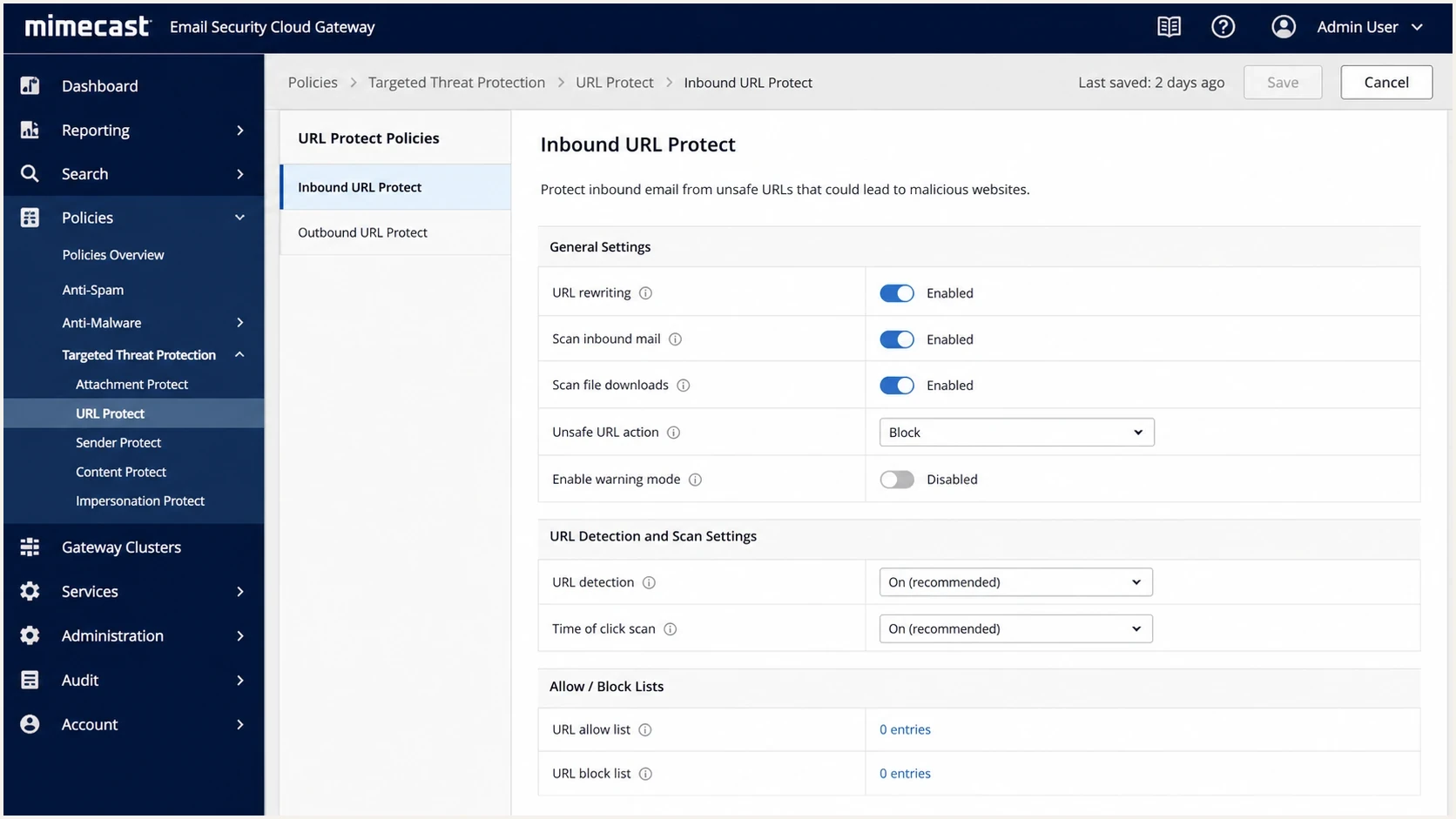 Mimecast URL Protect policy screen showing link scanning and block settings.