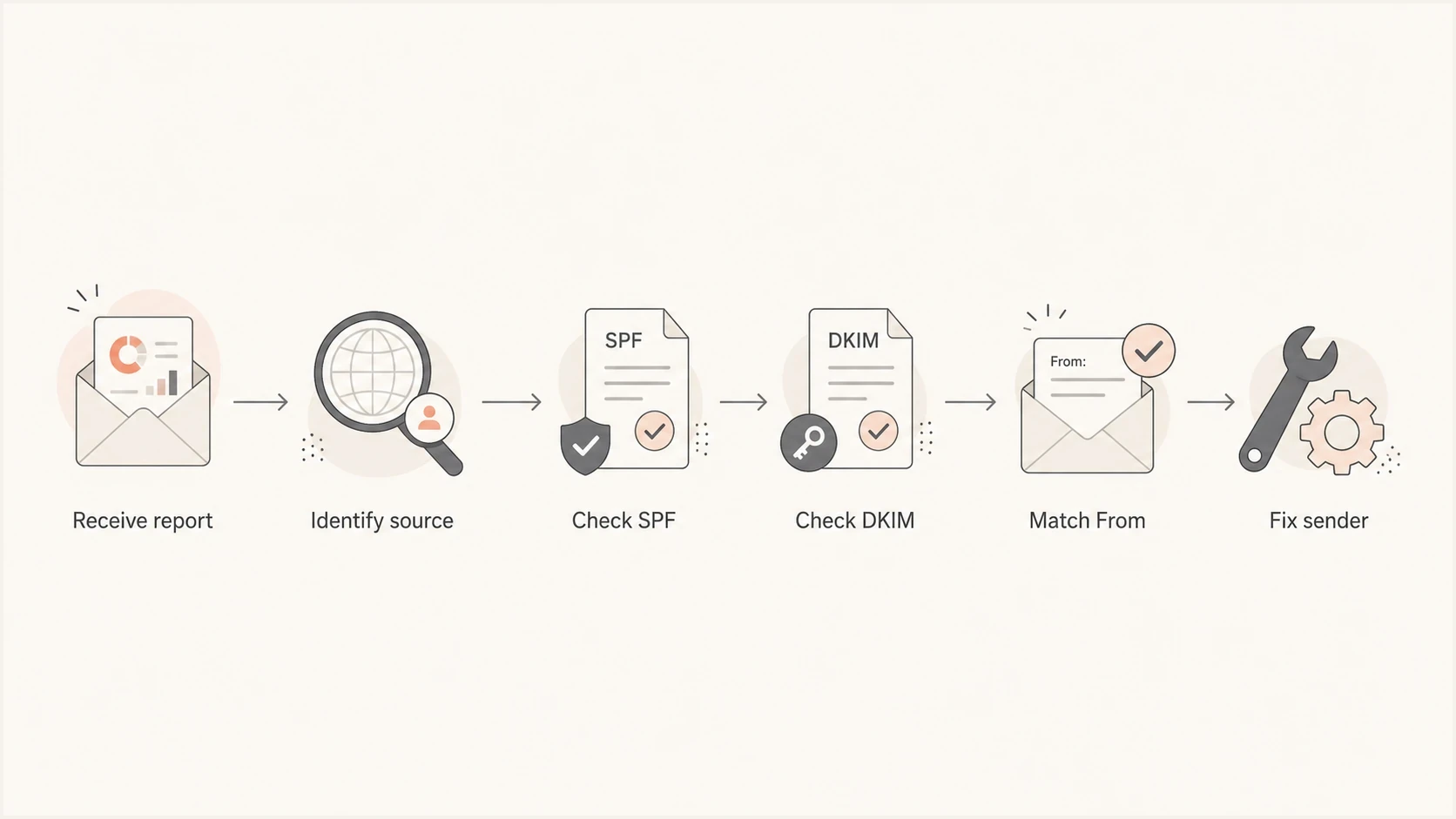 Flowchart for troubleshooting a DMARC report row.