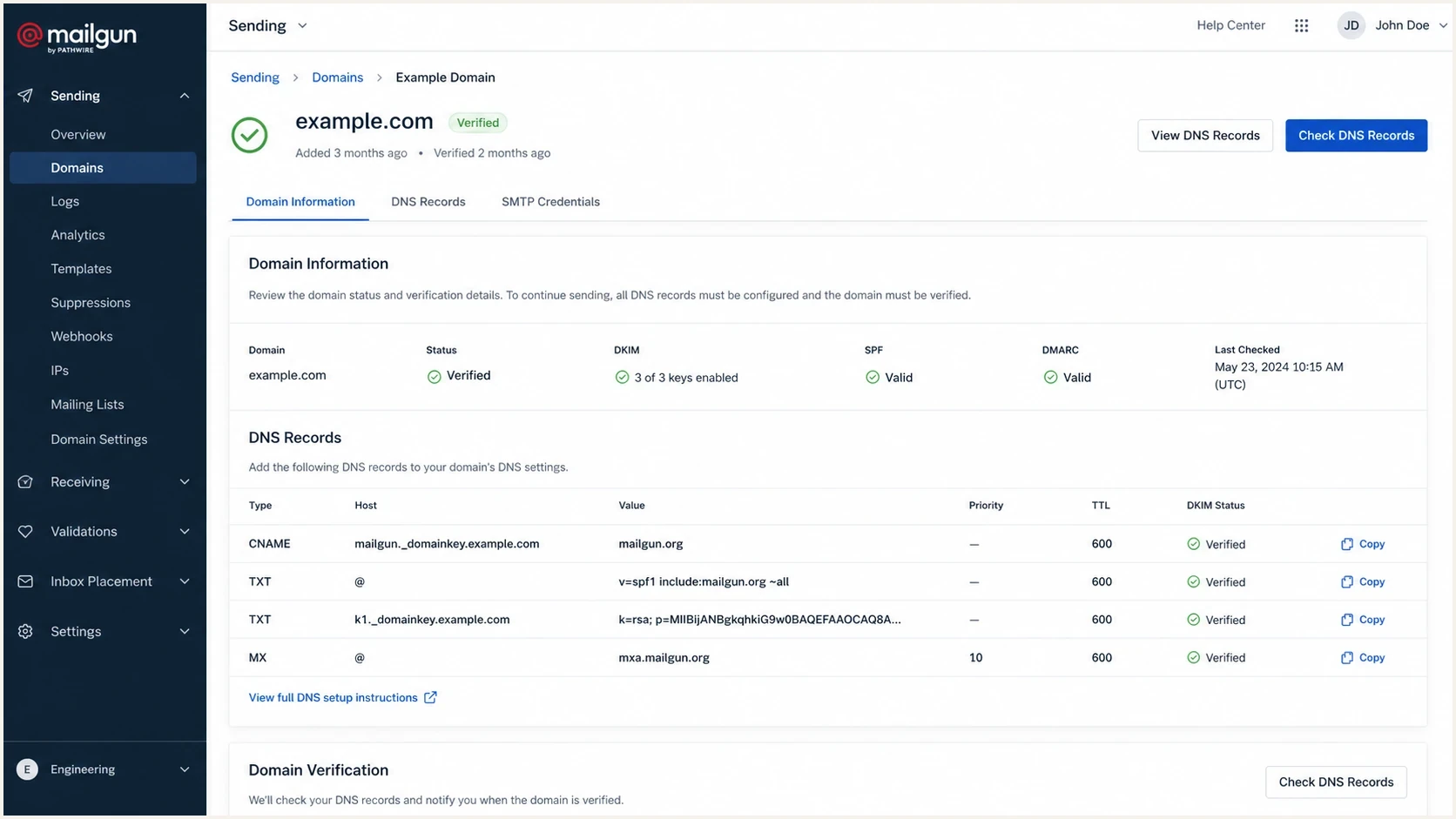 Mailgun DNS verification screen for an email subdomain with CNAME, TXT, MX, and DKIM records.