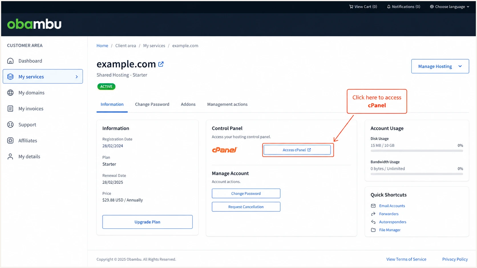 Obambu service page with the cPanel access control highlighted