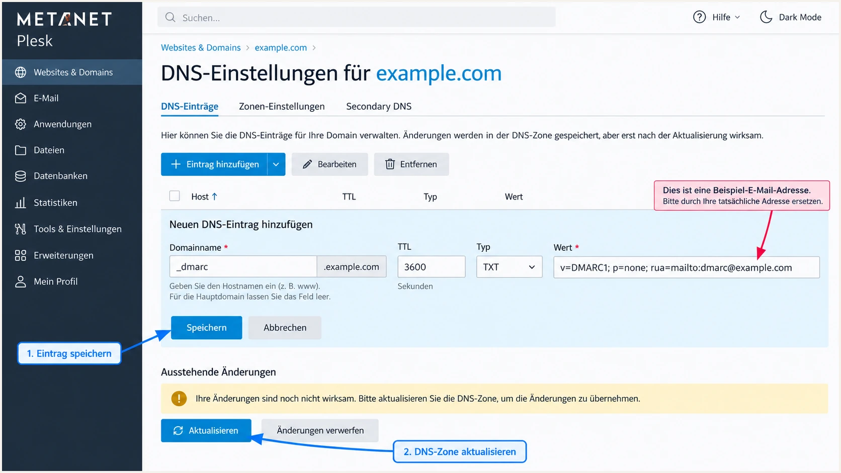 Illustrated METANET Plesk DMARC TXT entry using a monitoring policy.