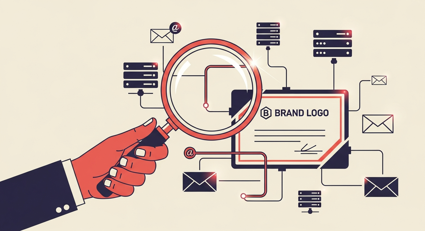 An illustration showing a digital certificate being verified, connecting a brand logo to email security and trust.