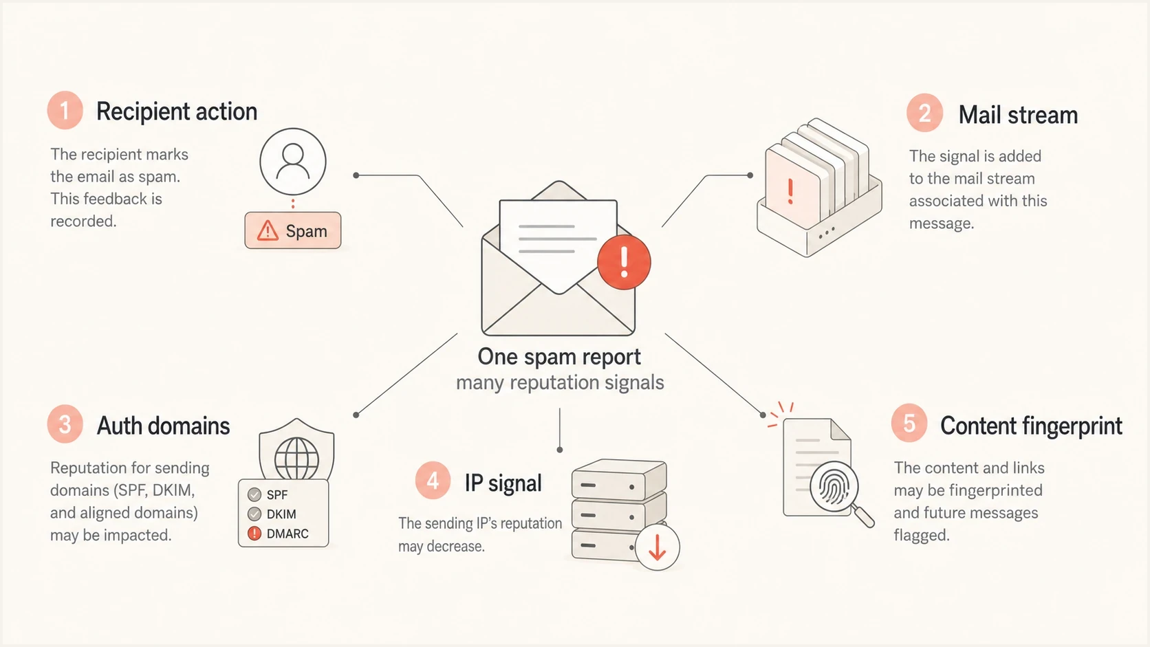 A spam report can affect the mail stream, domains, IP, and content fingerprint.