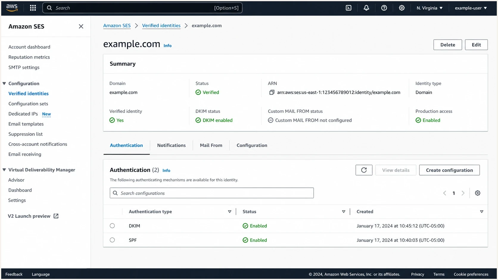 Amazon SES identity screen showing authentication status for a sending domain.