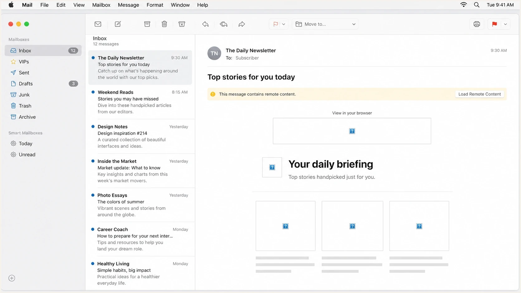 Apple Mail message view with blank image areas and broken image placeholders.