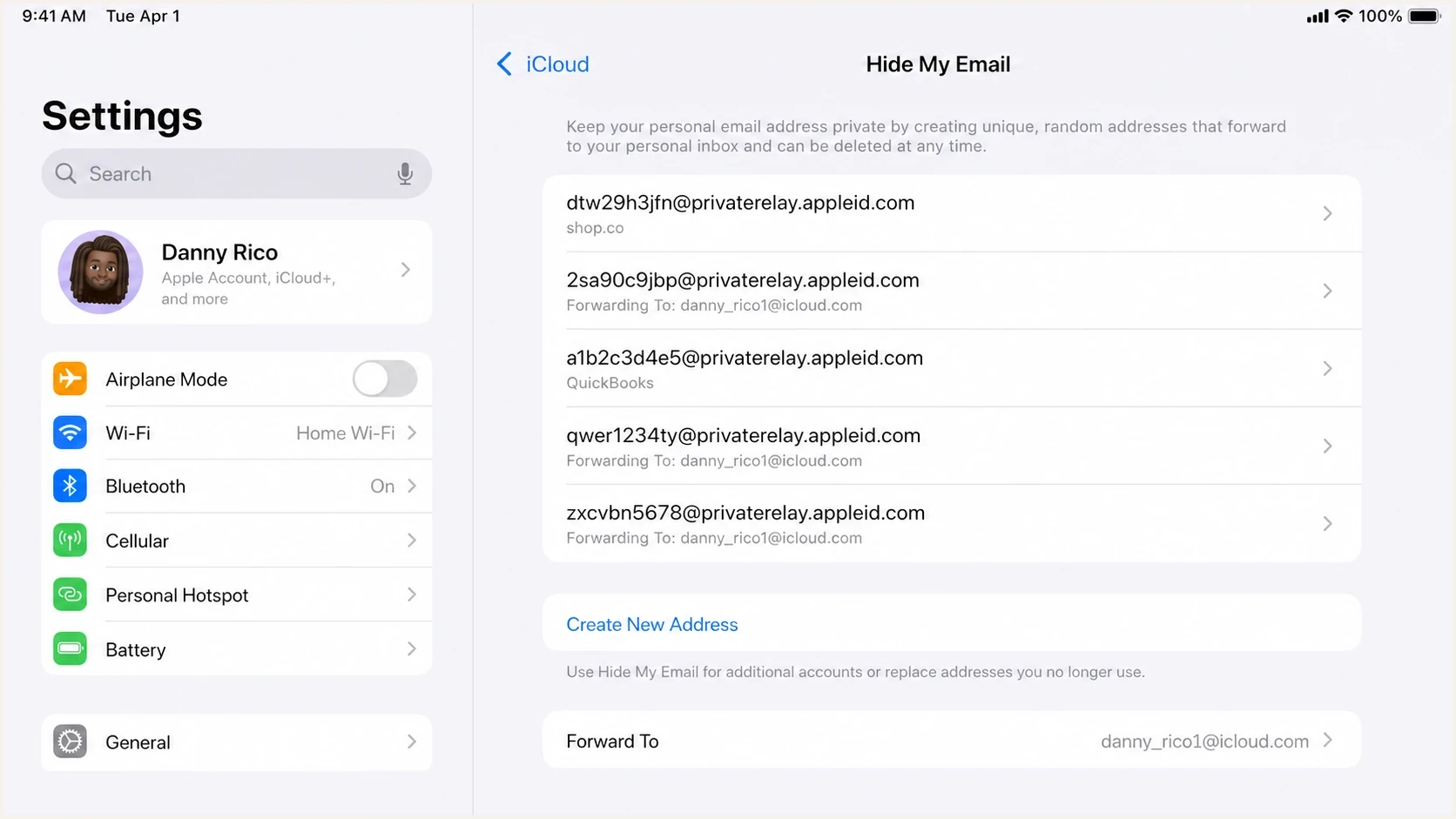 Apple iPhone Settings showing Hide My Email aliases and their forwarding destination.