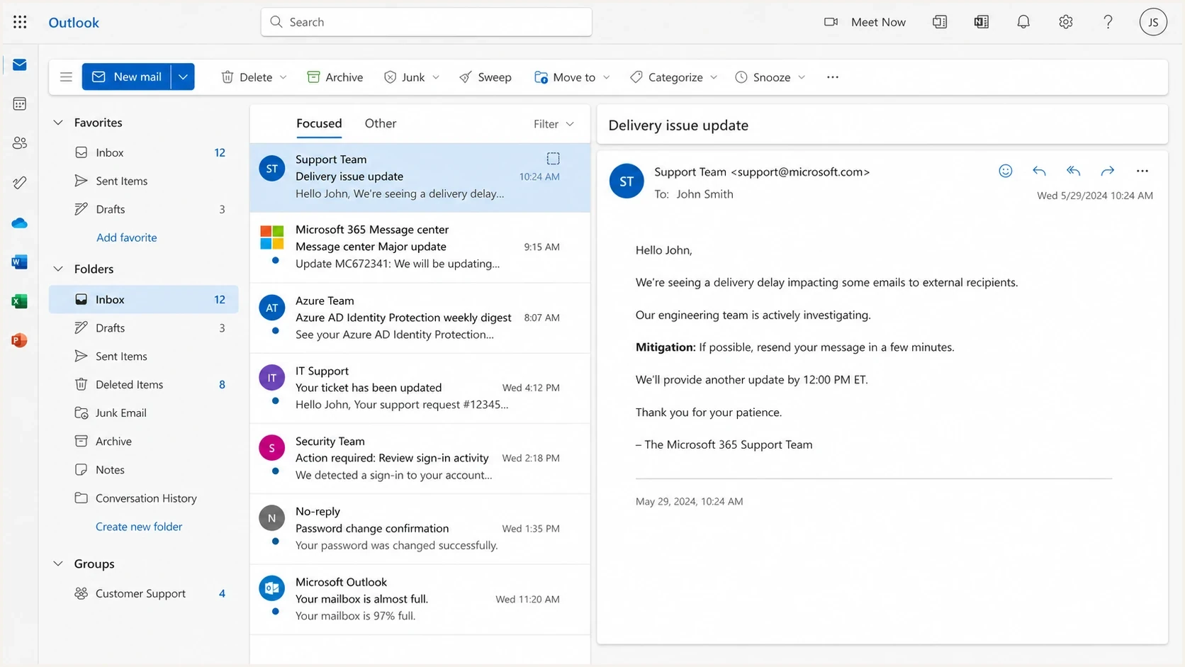 Microsoft Outlook webmail showing a delivery issue update email in the reading pane.