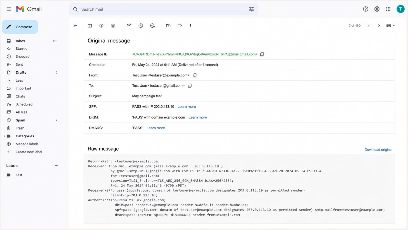 Gmail Show original page with SPF, DKIM, and DMARC passing for a test email.