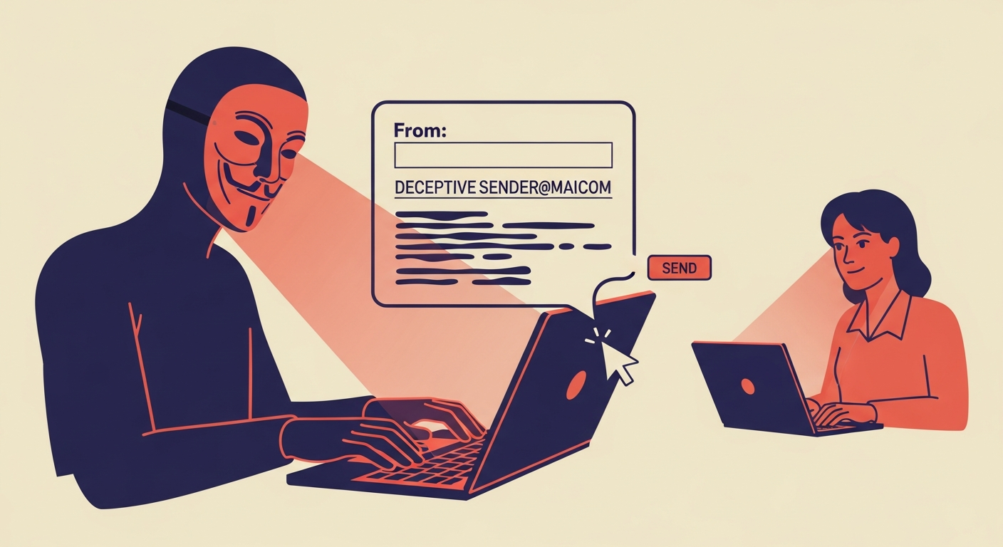An illustration depicting display name spoofing, with a shadowy figure sending a deceptive email.