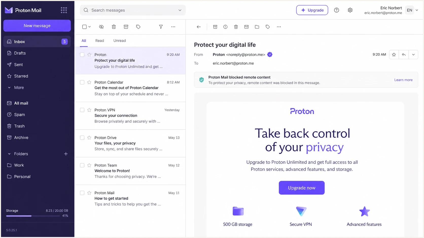 Proton Mail inbox showing an opened message and a tracking protection notice.