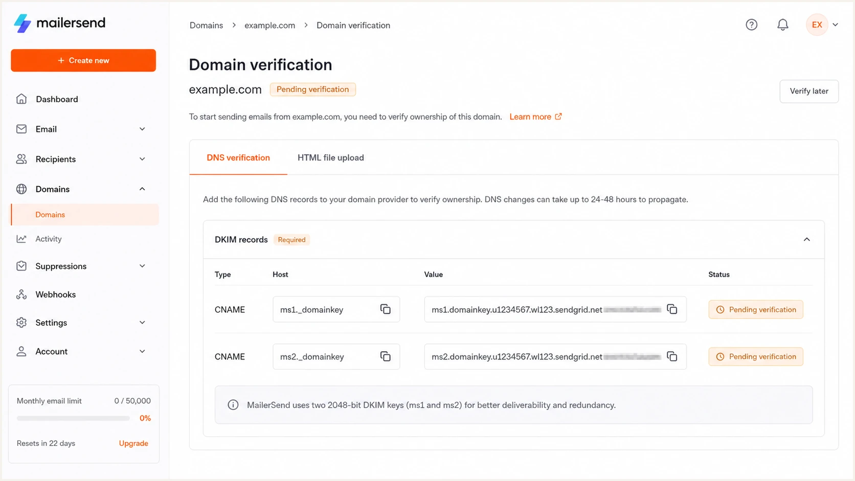 MailerSend domain verification panel with two DKIM records
