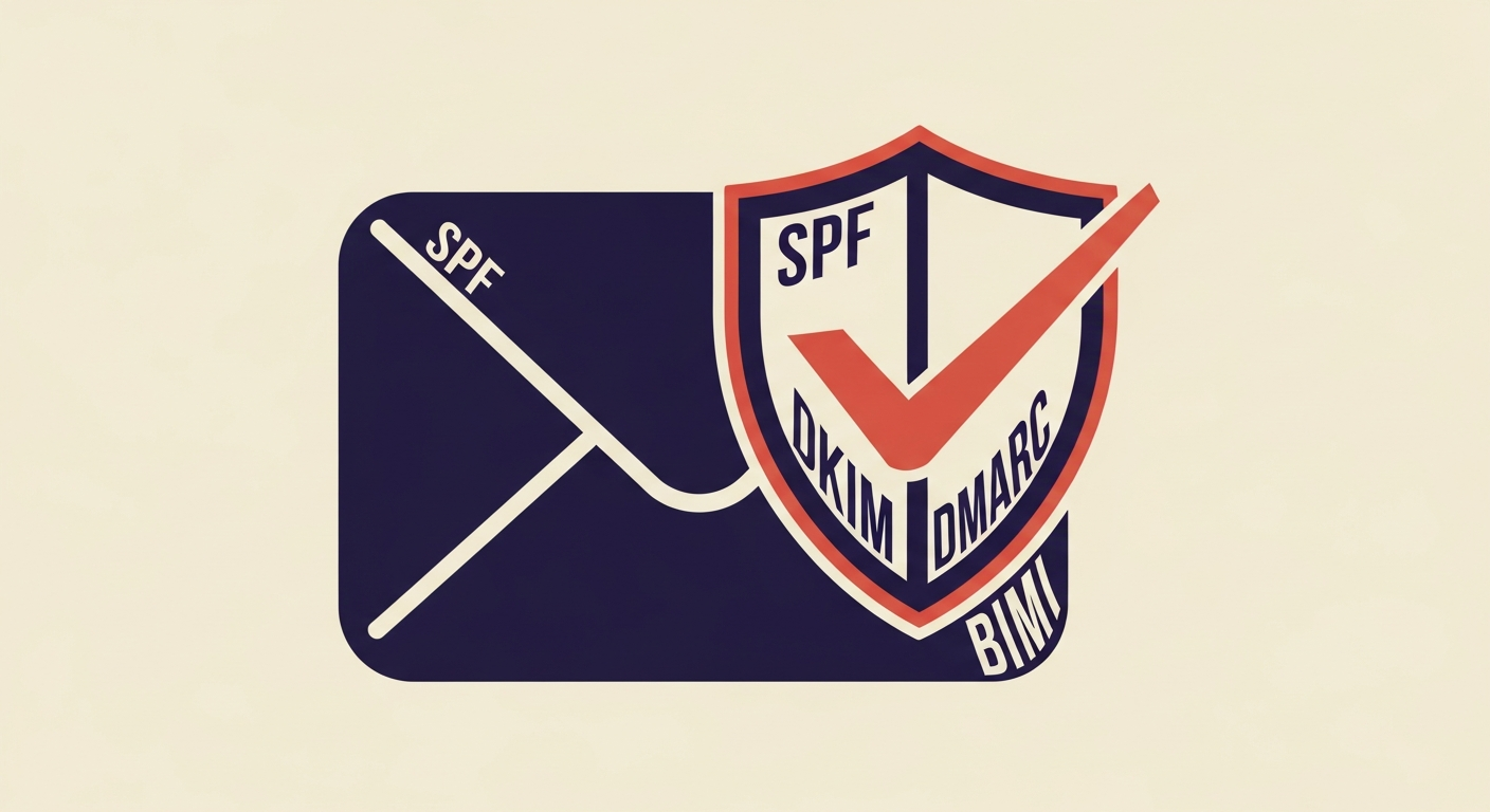 An illustration showing email security protocols SPF, DKIM, DMARC, and BIMI working together.