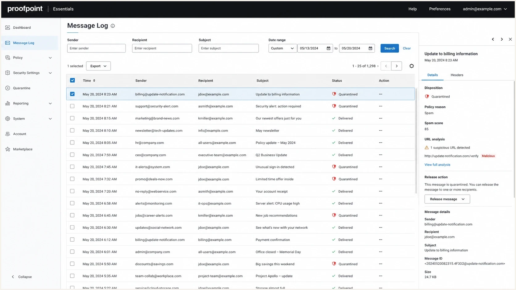 Proofpoint Essentials message log showing a quarantined email and disposition details.