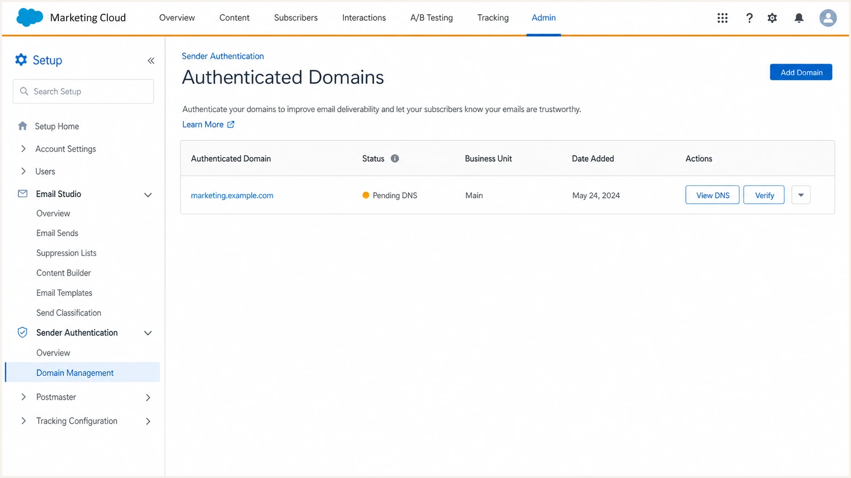 Salesforce Marketing Cloud authenticated domain setup screen.