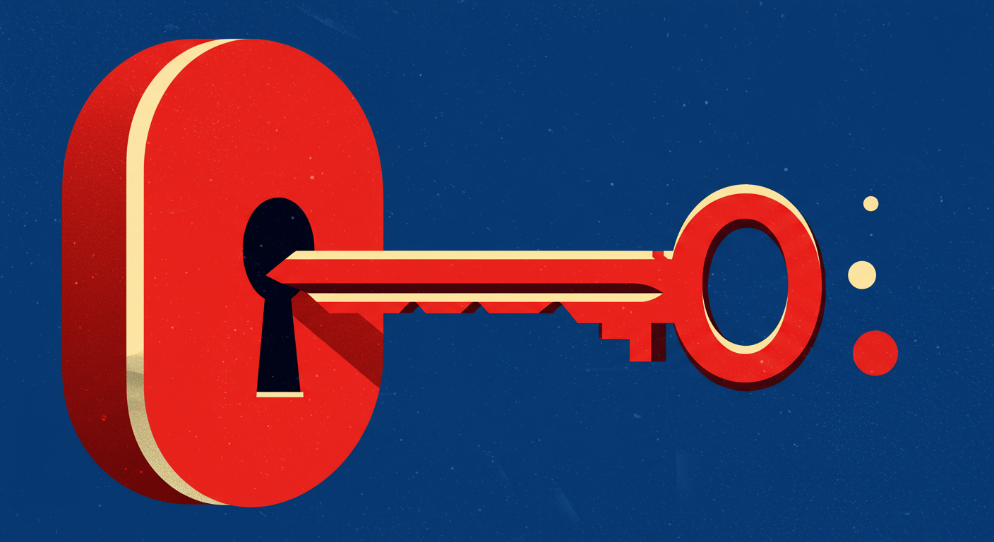An abstract illustration of a key fitting into a lock, representing security and authentication. The style of the images should be A minimalist retro illustration in the style of Malika Favre. Dominant colors are bright poppy red and deep royal blue. Vector art, high contrast. Do not put any words in the image or alphanumeric characters. 