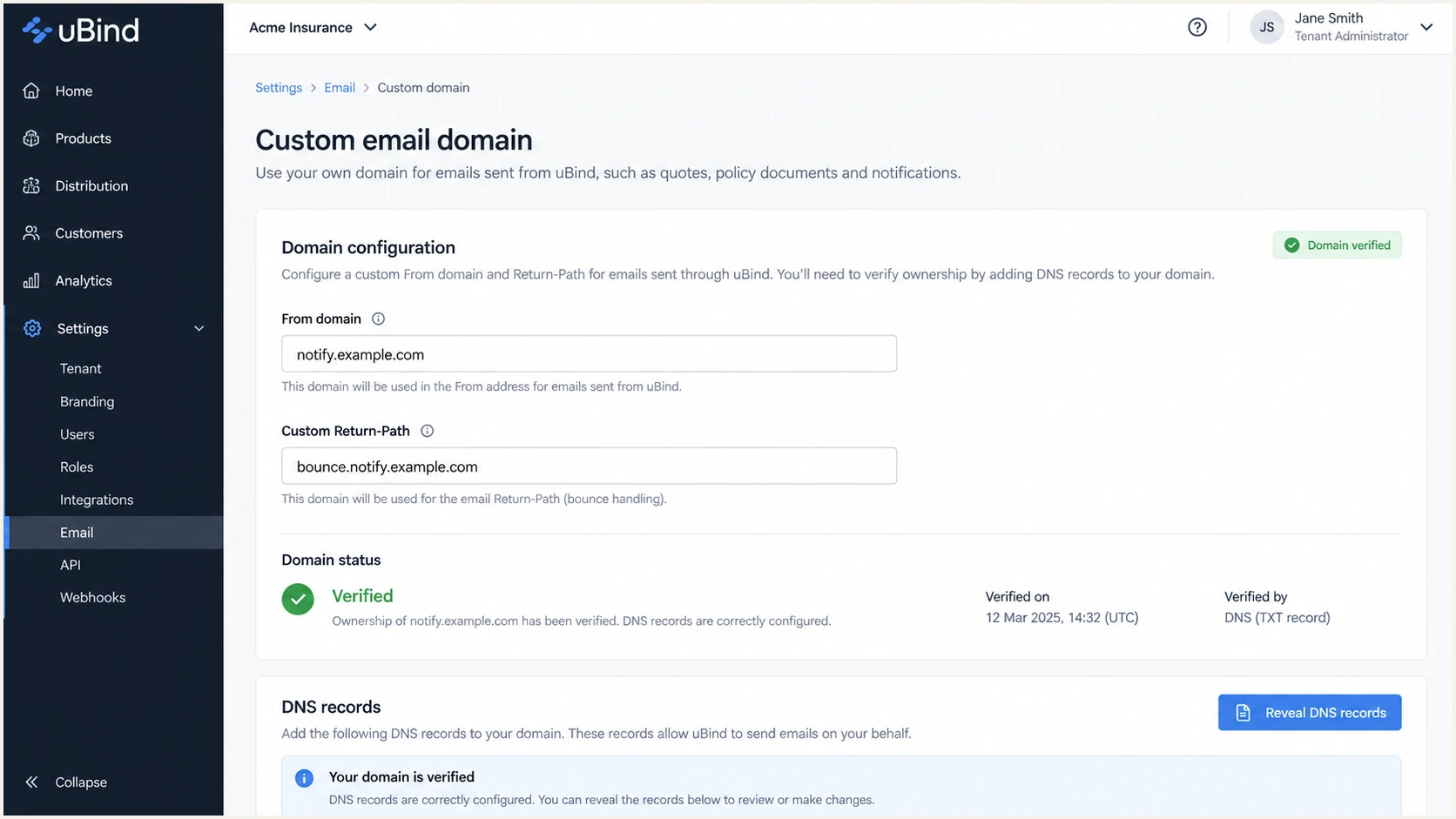 uBind custom email domain configuration for an example tenant