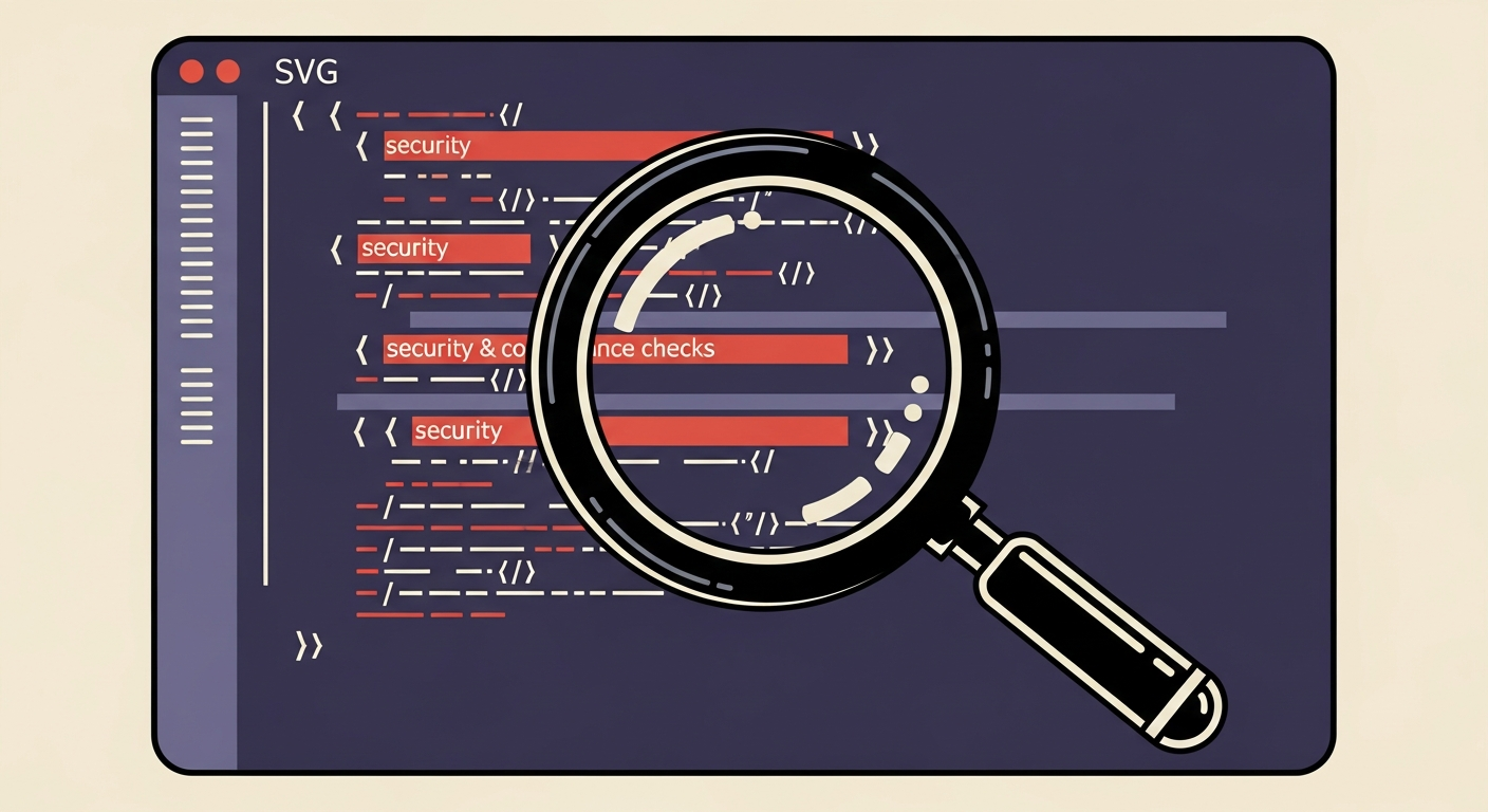 A magnifying glass inspecting SVG code for BIMI compliance.