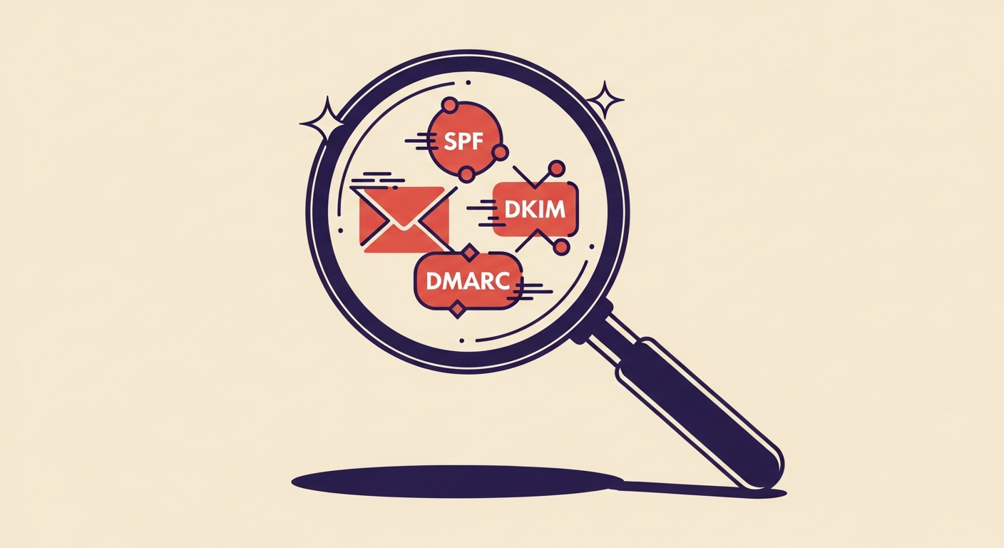 An illustration showing a magnifying glass monitoring email authentication protocols.