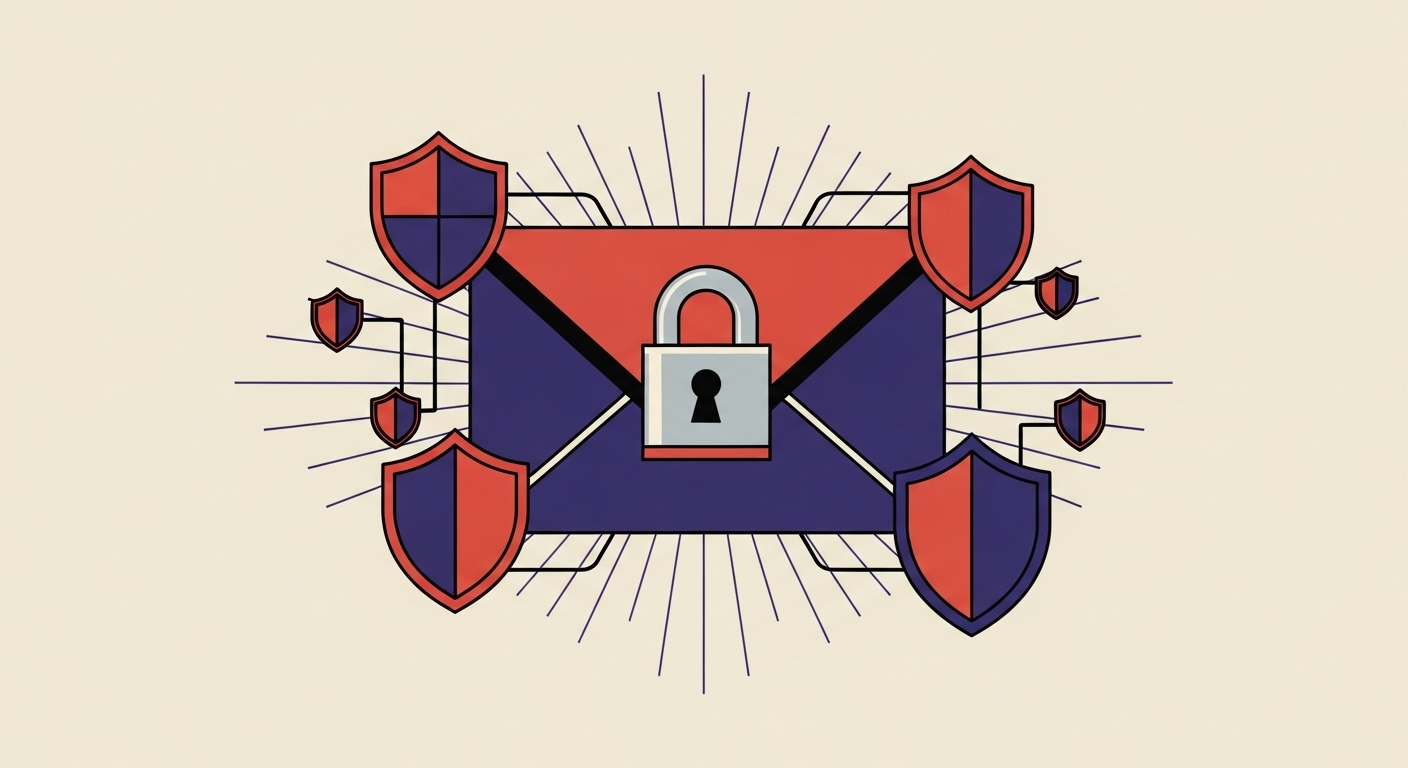 Secure email envelope with padlock and digital shields, symbolizing strong email authentication.