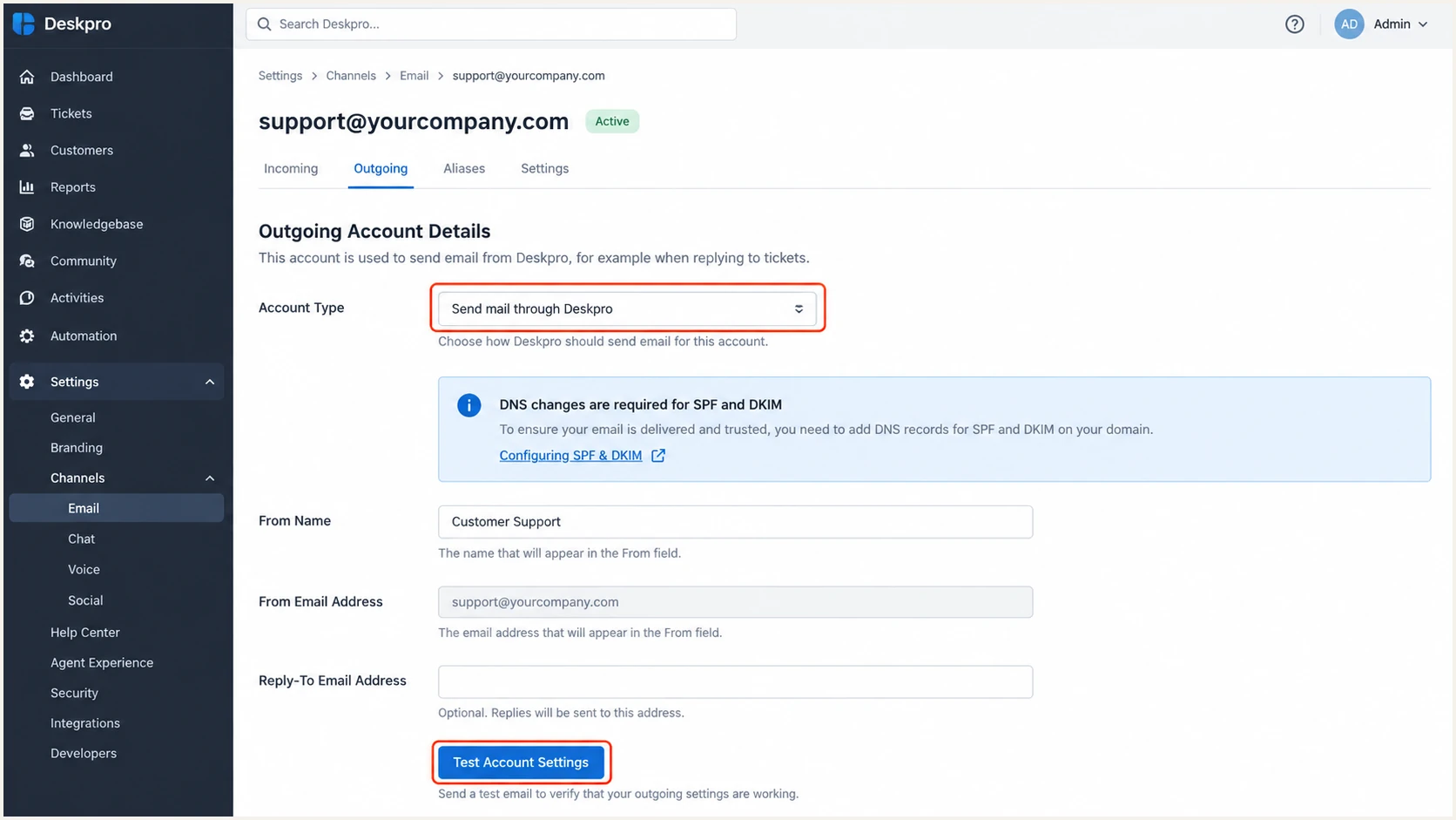 Illustrative Deskpro outgoing account settings and Test Account Settings button.