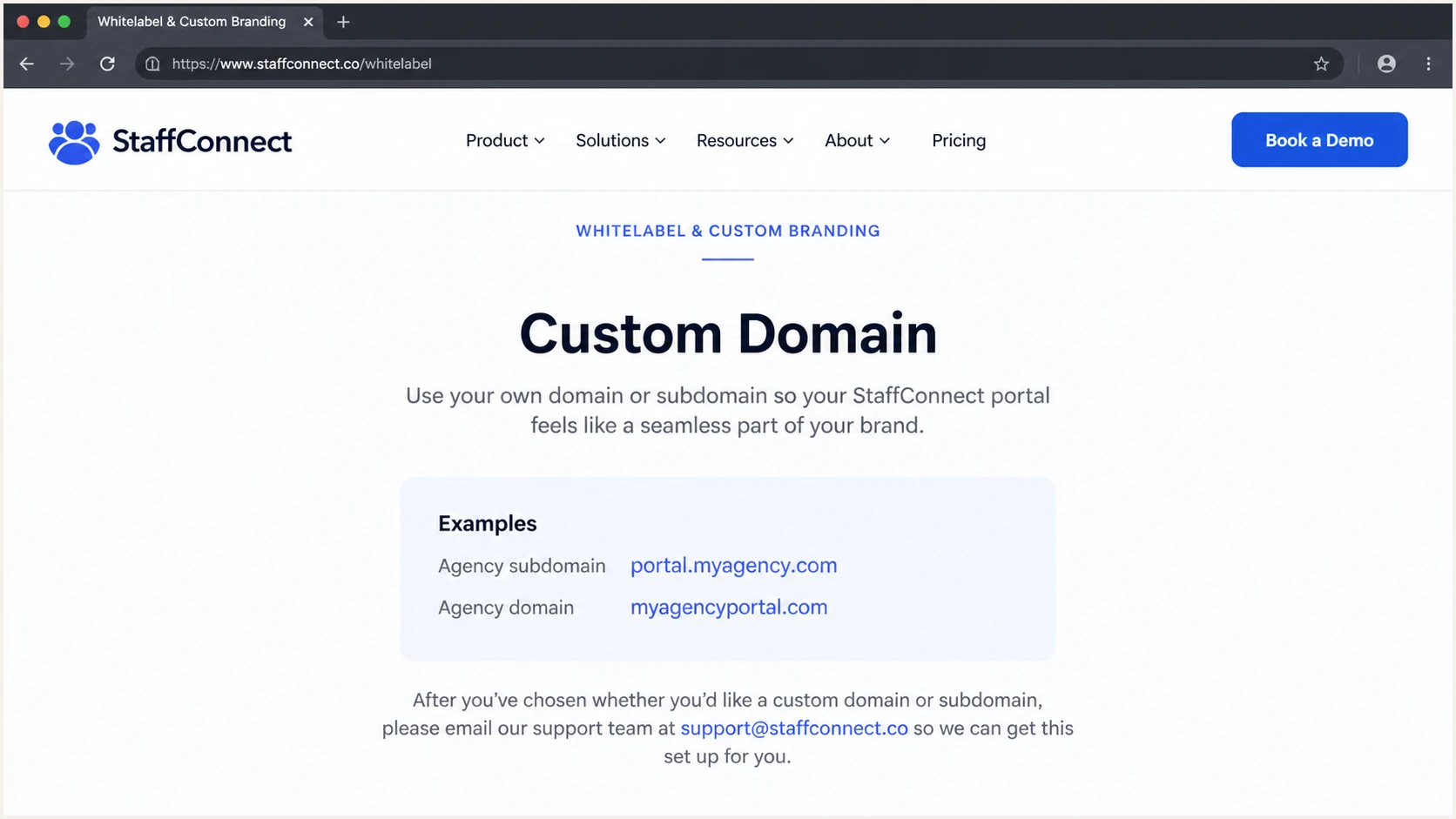StaffConnect custom domain instructions on its white-label page