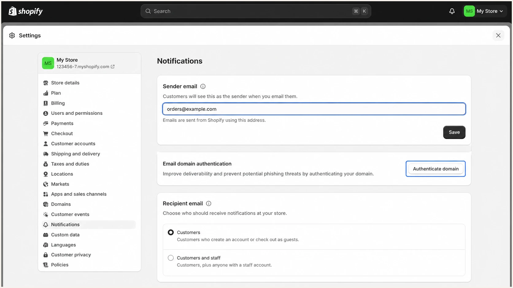 Shopify Notifications settings with Sender email authentication highlighted