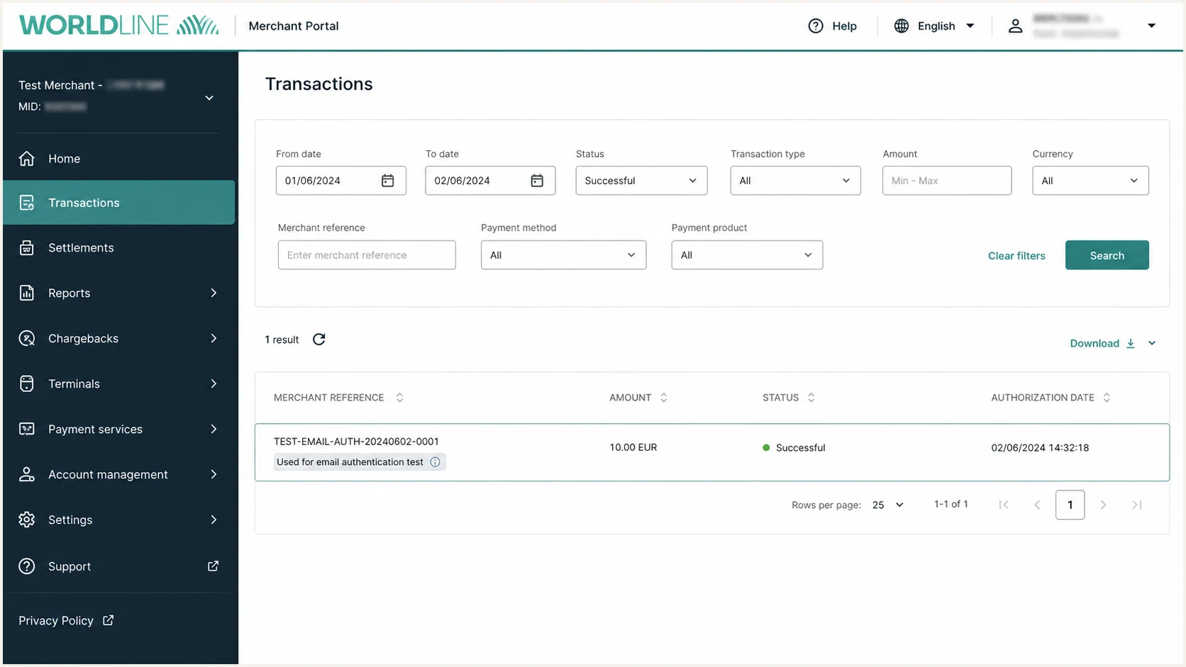 Successful test payment in Worldline Direct Merchant Portal