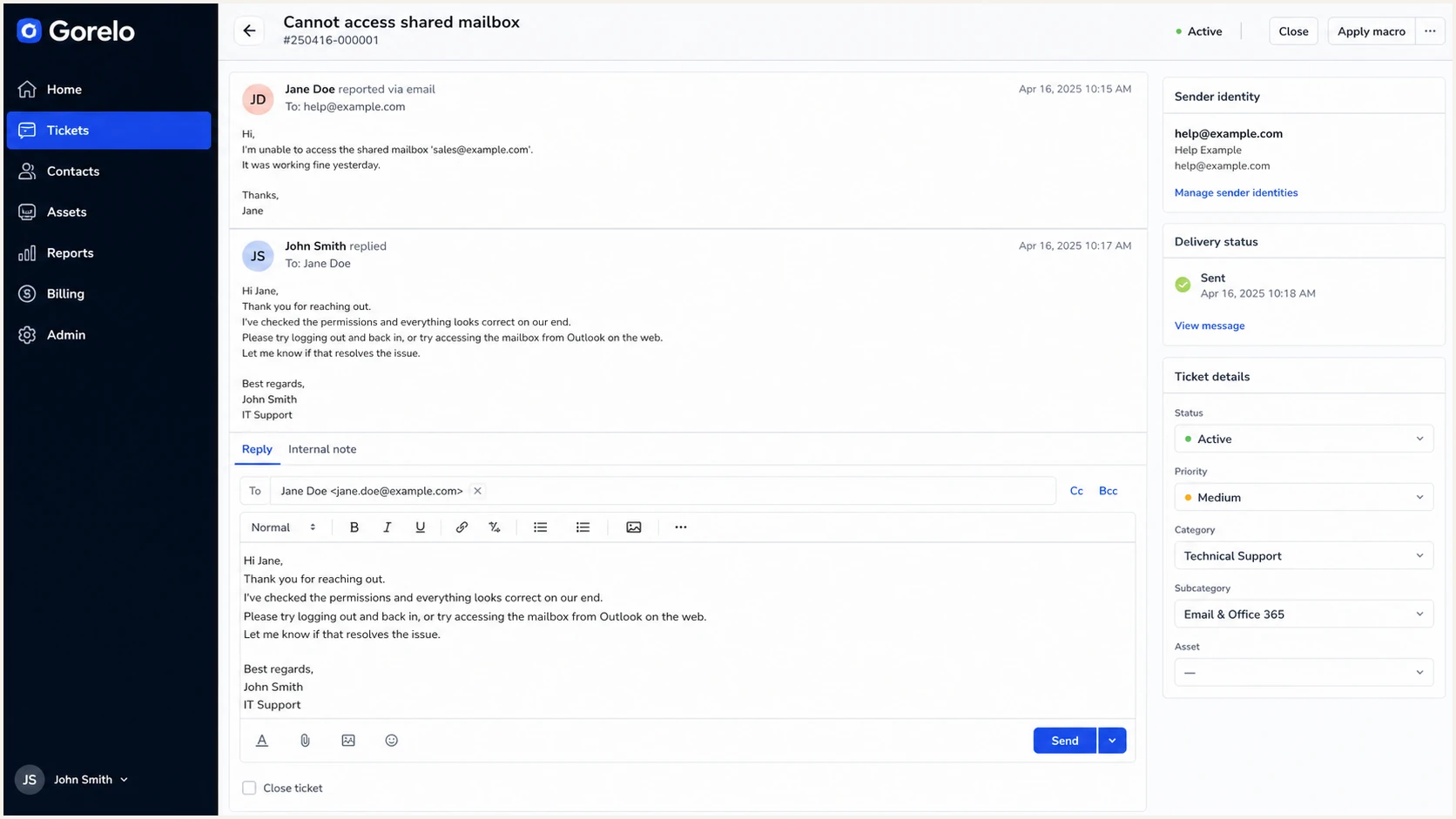 Gorelo ticket reply screen used for a real outbound email test
