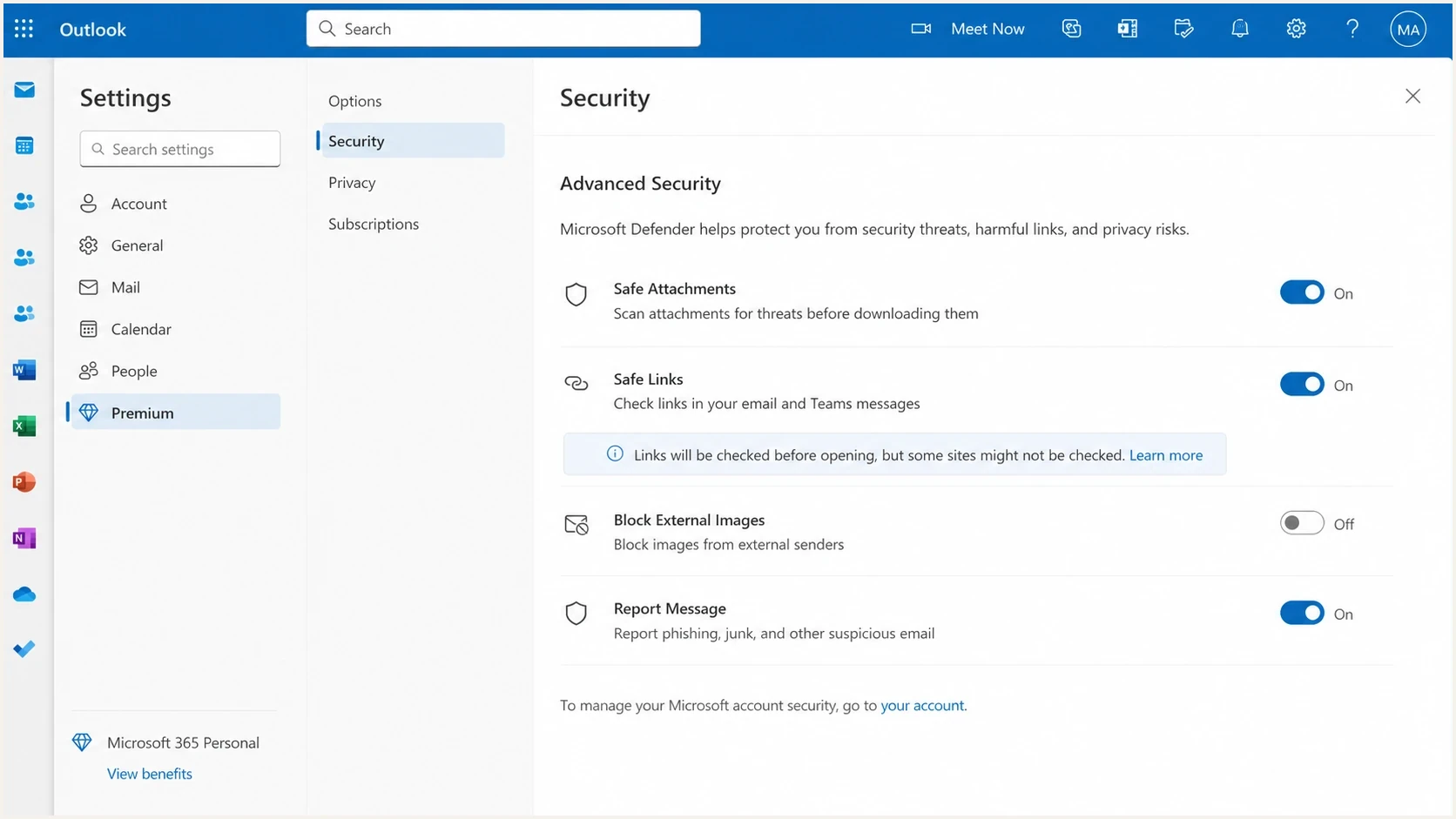 Microsoft Outlook.com Safe Links settings screen