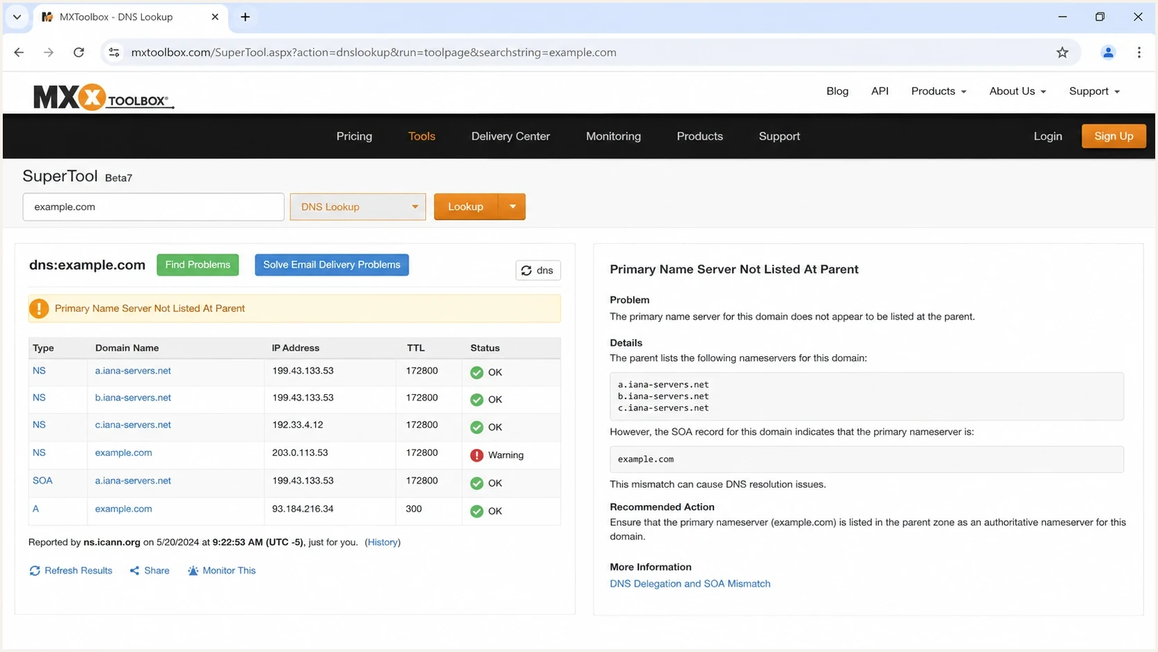 MXToolbox result screen showing a primary nameserver warning.