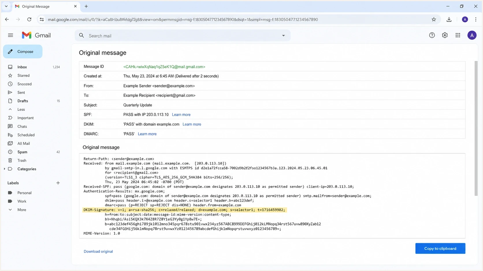 Gmail Show original screen with DKIM, SPF, and DMARC authentication results.