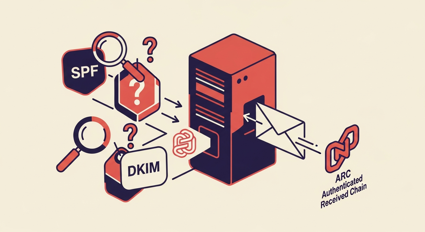 An illustration showing an email being processed by a mail server, with DNS queries for SPF and DKIM validation happening before ARC.