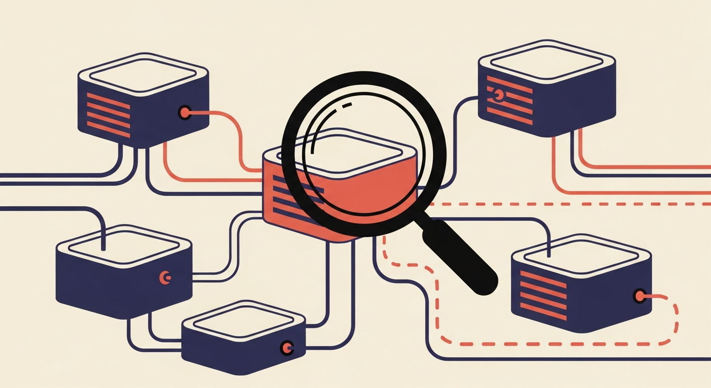 An illustration showing a magnifying glass inspecting email server connections, representing MTA-STS testing mode.