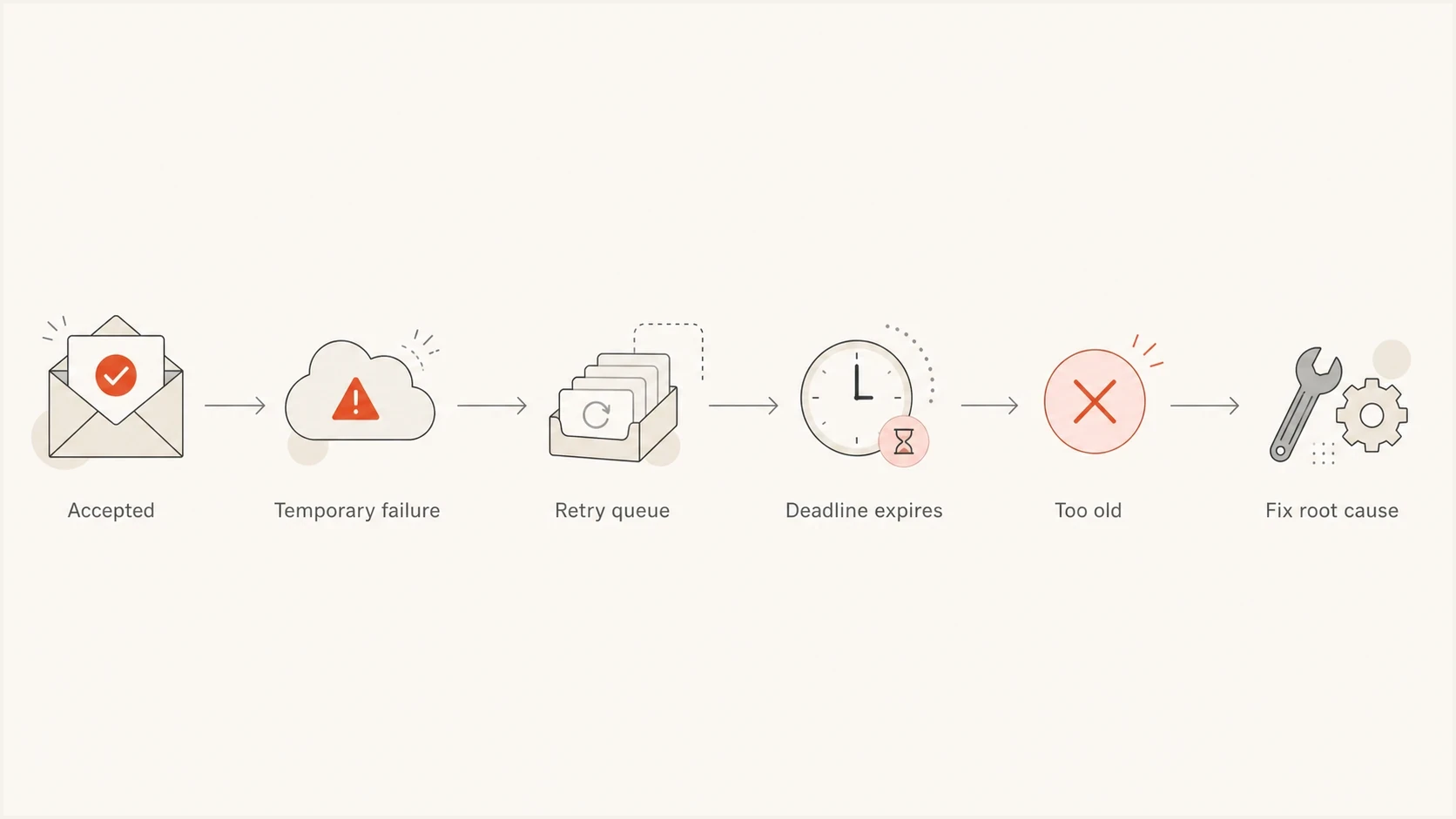 Flowchart from accepted message to Too old status and root cause fix.
