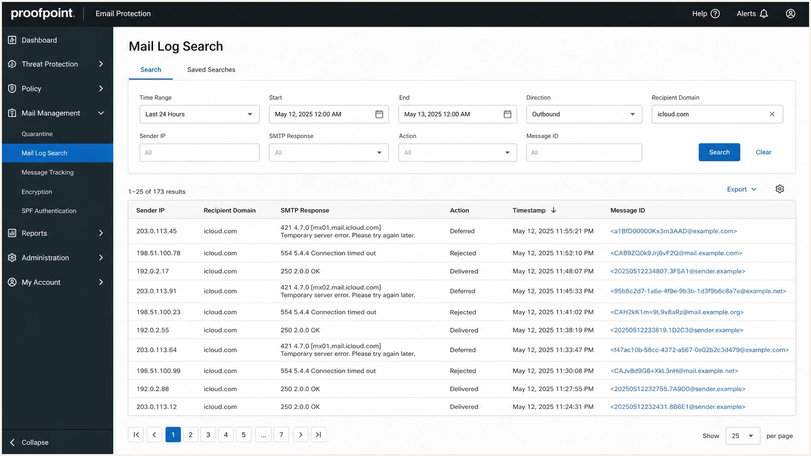 Proofpoint mail log screen showing iCloud deferrals and SMTP responses.