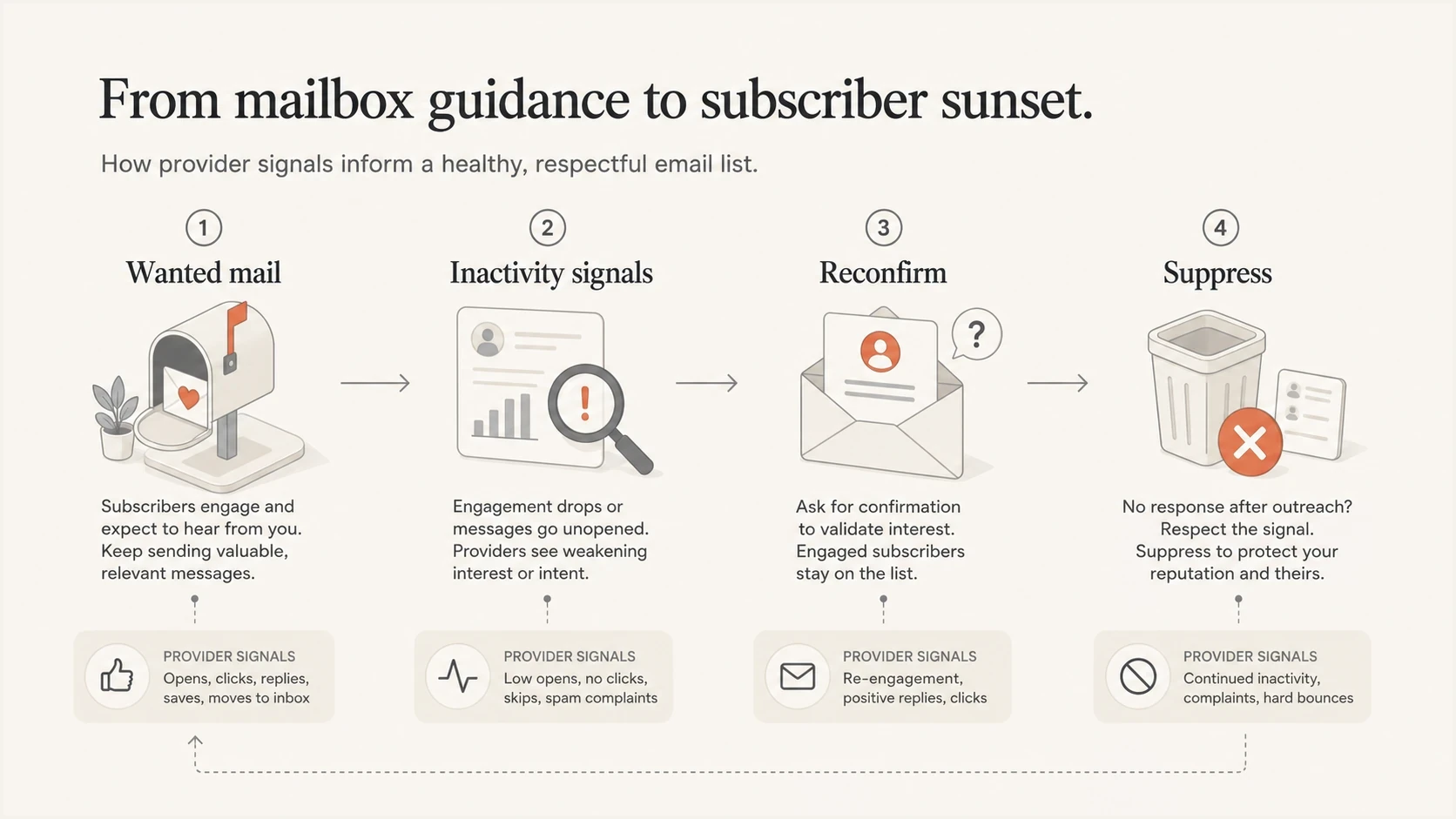 Infographic showing wanted mail, inactivity signals, reconfirmation, and suppression.