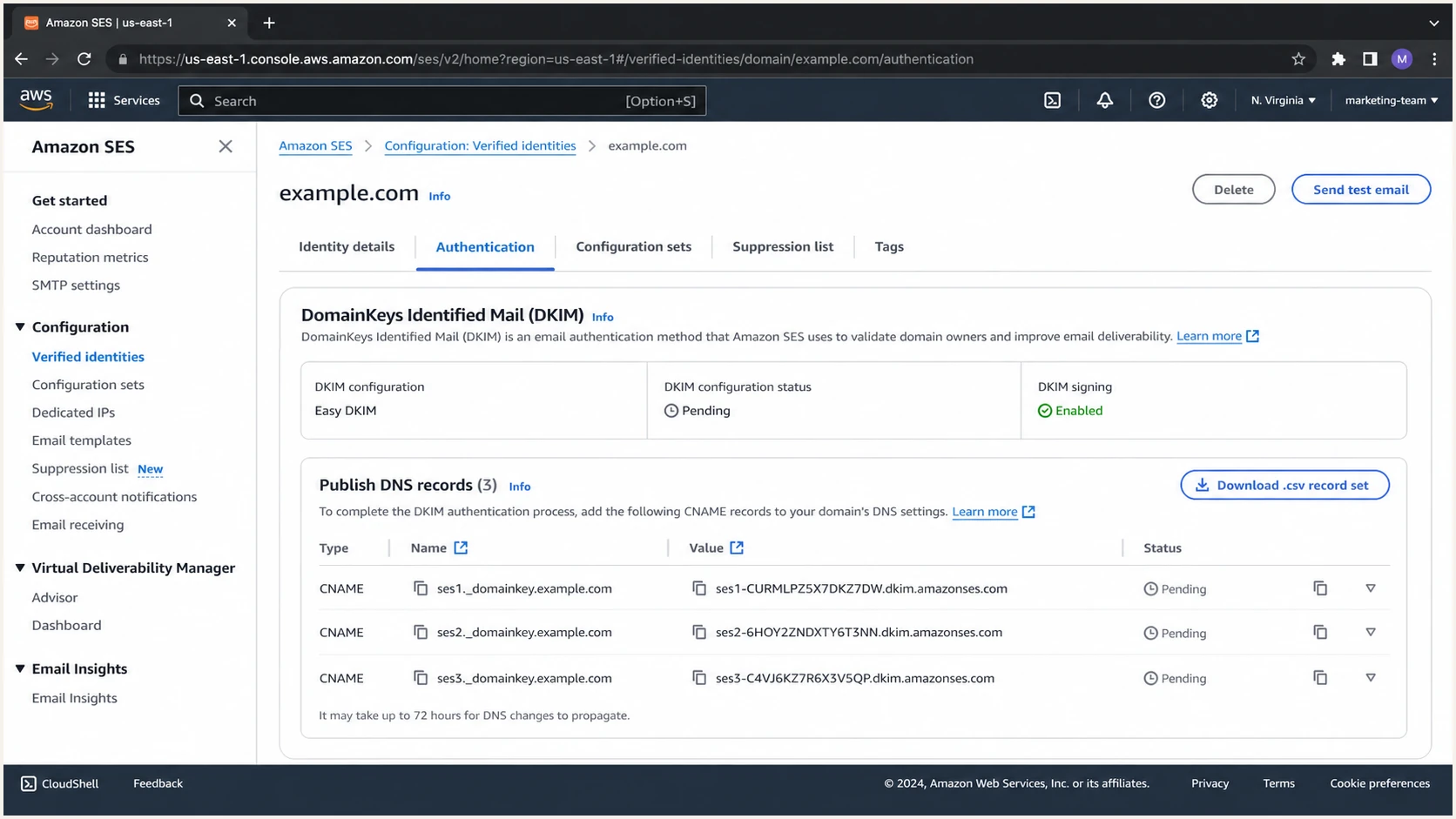 Amazon SES Easy DKIM panel with three CNAME records