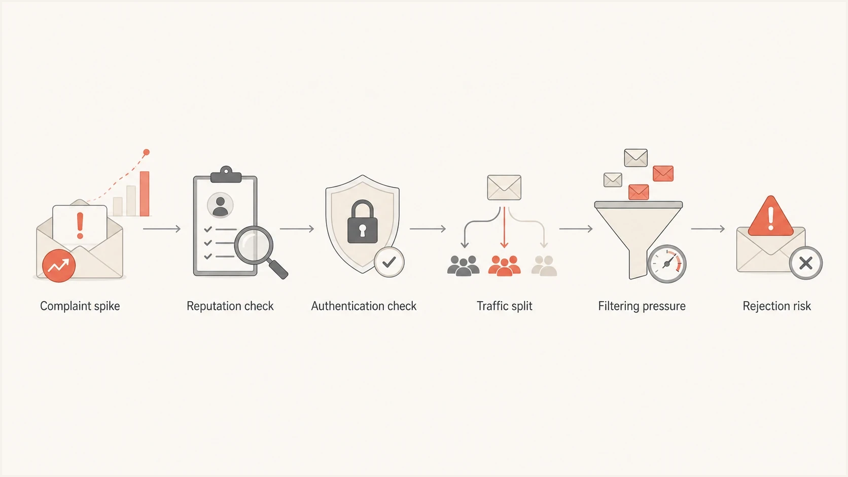 Flowchart showing how a high Gmail complaint rate can lead to filtering or rejection.