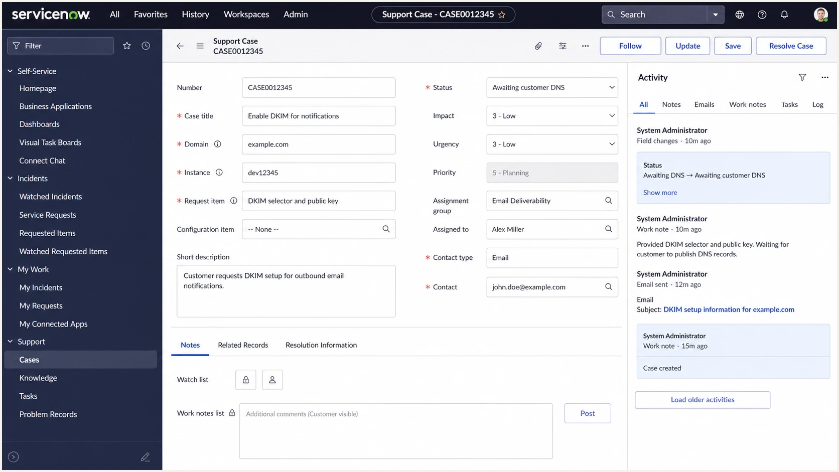 ServiceNow support case requesting a DKIM selector and public key.