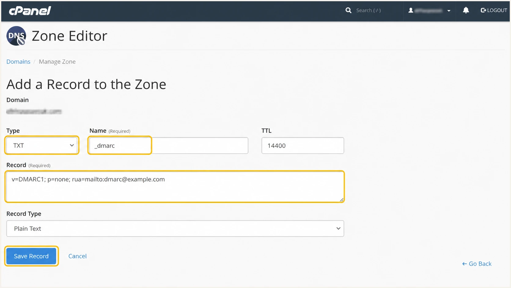 Pecorari Cloud cPanel Zone Editor adding a DMARC TXT record